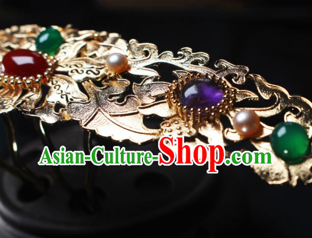 China Ancient Empress Golden Hairpin Headwear Traditional Ming Dynasty Queen Agate Gems Hair Crown