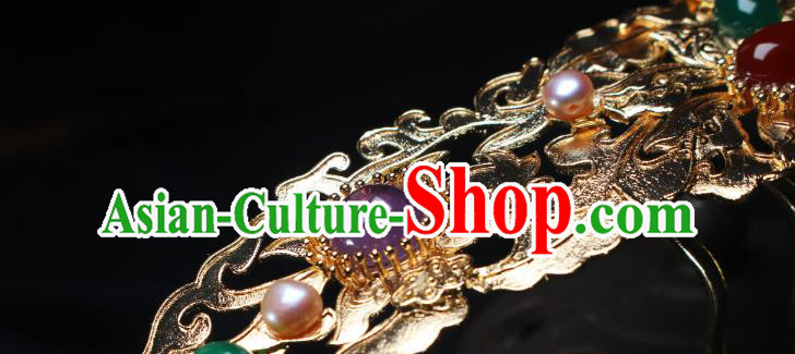 China Ancient Empress Golden Hairpin Headwear Traditional Ming Dynasty Queen Agate Gems Hair Crown