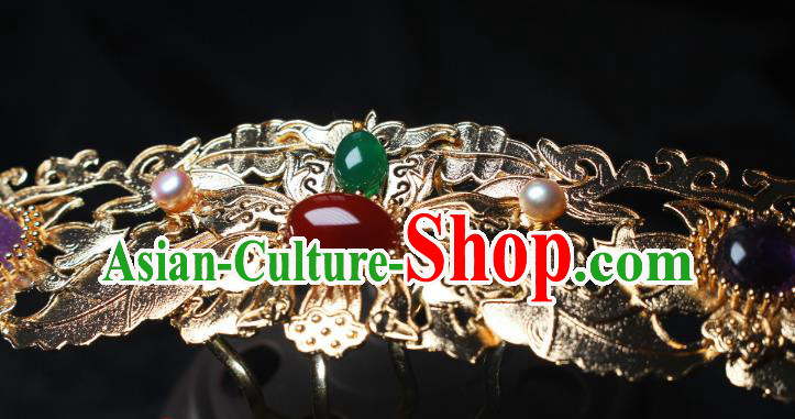China Ancient Empress Golden Hairpin Headwear Traditional Ming Dynasty Queen Agate Gems Hair Crown