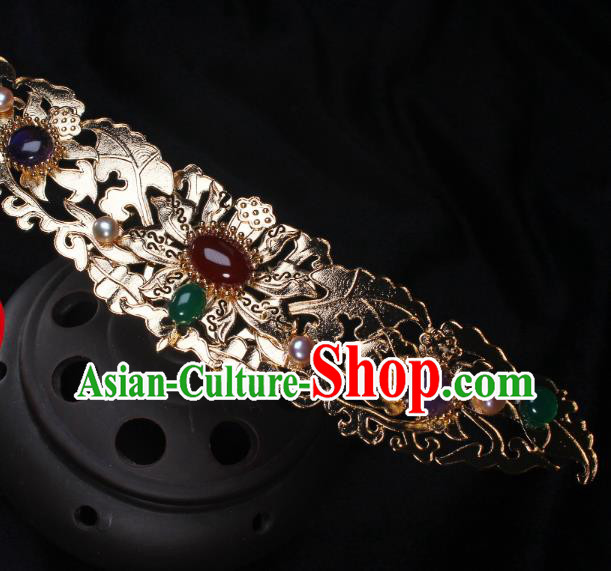 China Ancient Empress Golden Hairpin Headwear Traditional Ming Dynasty Queen Agate Gems Hair Crown