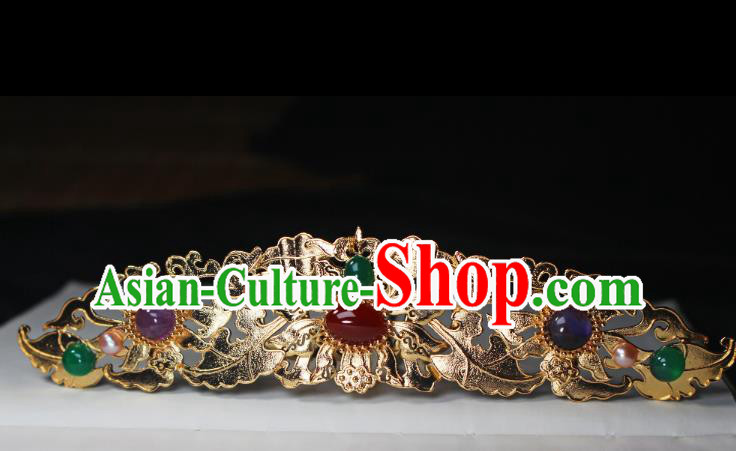 China Ancient Empress Golden Hairpin Headwear Traditional Ming Dynasty Queen Agate Gems Hair Crown
