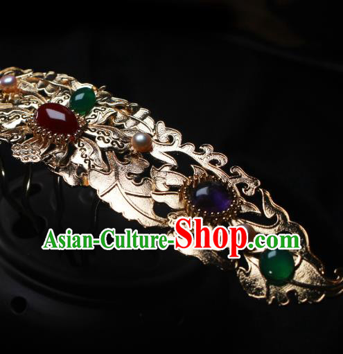 China Ancient Empress Golden Hairpin Headwear Traditional Ming Dynasty Queen Agate Gems Hair Crown