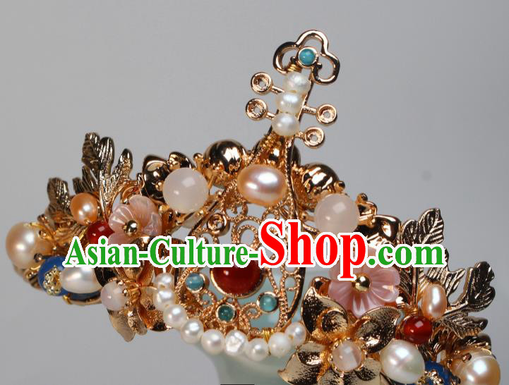 China Ancient Court Woman Headwear Hairpin Traditional Tang Dynasty Palace Lady Golden Lute Hair Crown