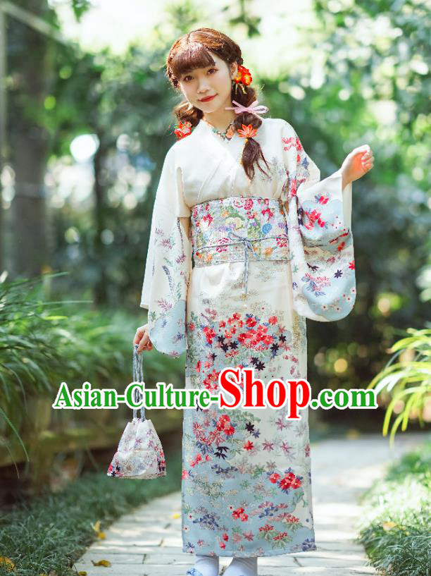 Japanese Traditional Costumes Asian Japan Printing White Tsukesage Kimono