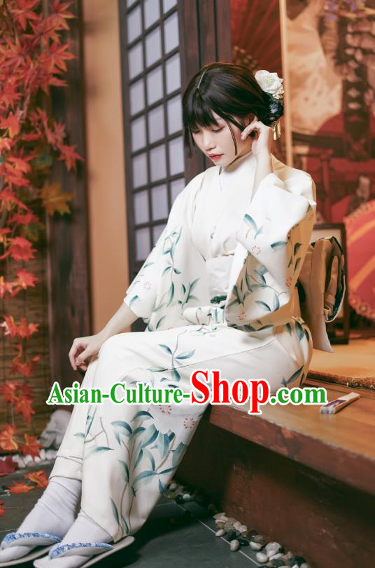 Asian Japan Printing Pear Blossom Kimono Dress Japanese Traditional Female Yukata Costumes