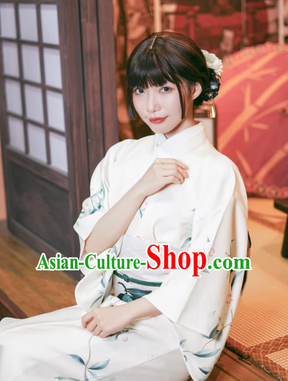 Asian Japan Printing Pear Blossom Kimono Dress Japanese Traditional Female Yukata Costumes