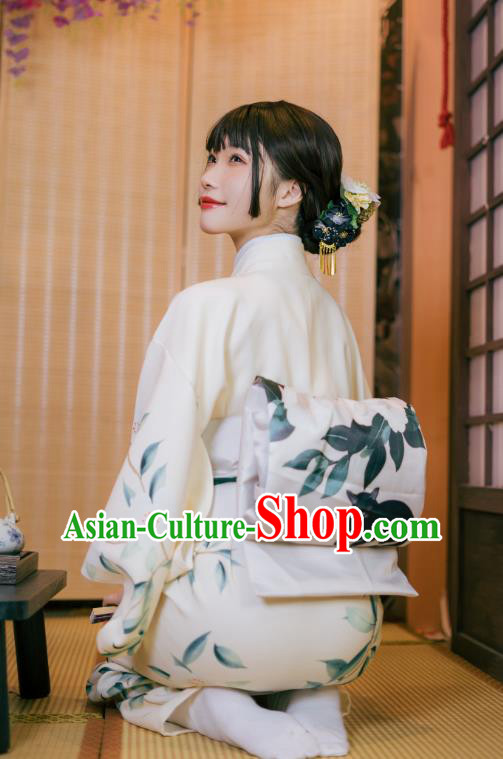 Asian Japan Printing Pear Blossom Kimono Dress Japanese Traditional Female Yukata Costumes