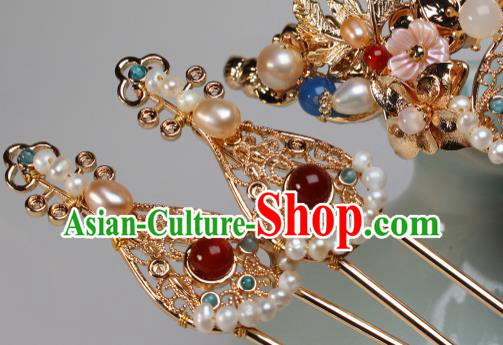 China Ancient Court Princess Pearls Hairpin Traditional Tang Dynasty Palace Lady Golden Lute Hair Stick