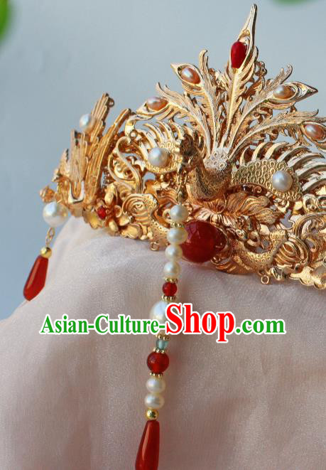 China Ancient Court Queen Hair Jewelry Traditional Ming Dynasty Empress Golden Phoenix Hair Crown