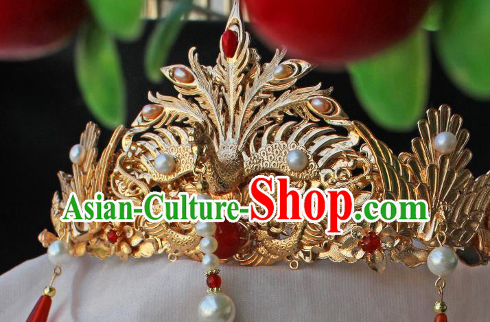 China Ancient Court Queen Hair Jewelry Traditional Ming Dynasty Empress Golden Phoenix Hair Crown