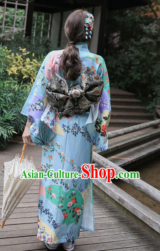 Asian Japan Young Lady Printing Peony Kimono Dress Japanese Traditional Light Blue Yukata Costume