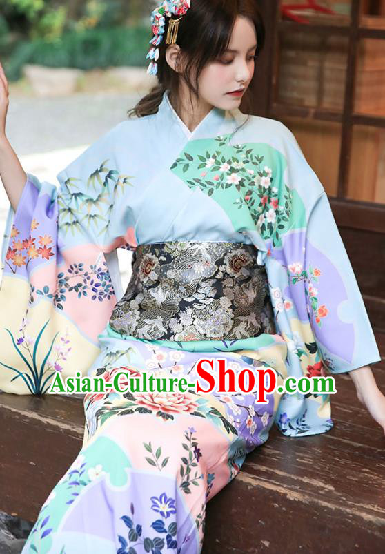 Asian Japan Young Lady Printing Peony Kimono Dress Japanese Traditional Light Blue Yukata Costume