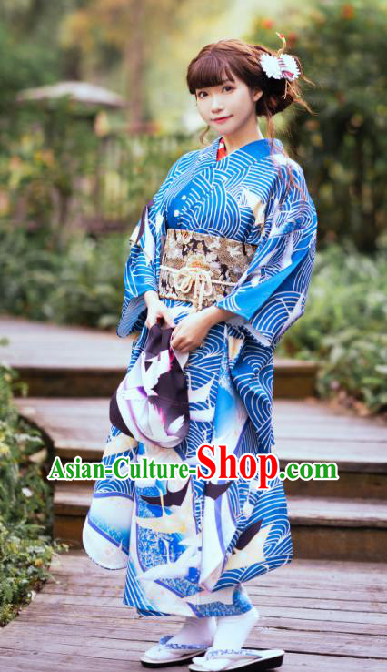 Japanese Traditional Blue Yukata Dress Costume Asian Japan Printing Wave Crane Furisode Kimono