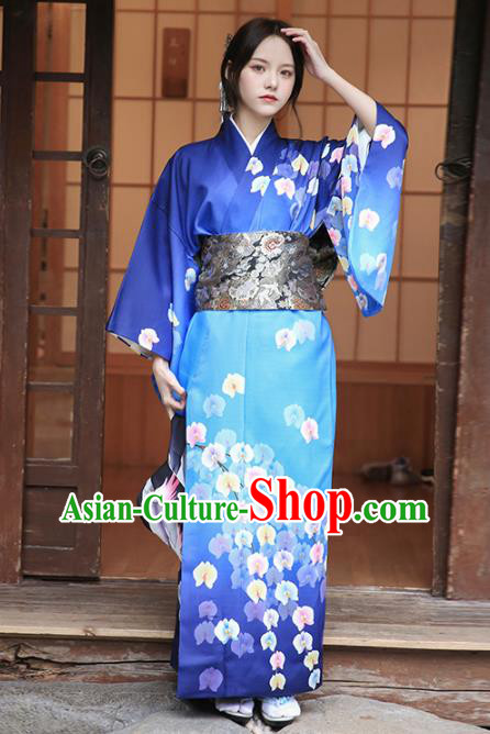 Japanese Traditional Young Woman Yukata Costume Asian Japan Printing Royalblue Kimono Dress