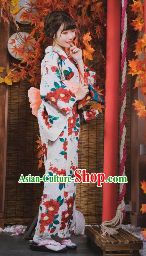 Japanese Traditional Yukata Costumes Asian Japan Printing Red Camellia Kimono Dress