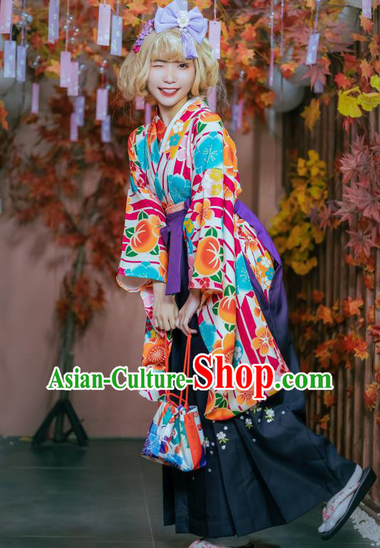 Japanese Traditional Young Lady Costumes Asian Japan Cosplay Kimono Printing Blouse and Hakama Pants
