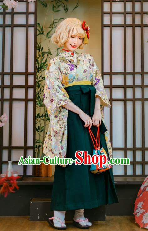 Asian Japan Cosplay Kimono Printing Sakura Blouse and Green Hakama Pants Japanese Traditional Young Lady Costumes