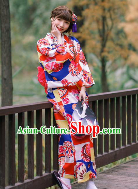 Japanese Traditional Printing Red Yukata Costume Asian Japan Young Lady Kimono Dress