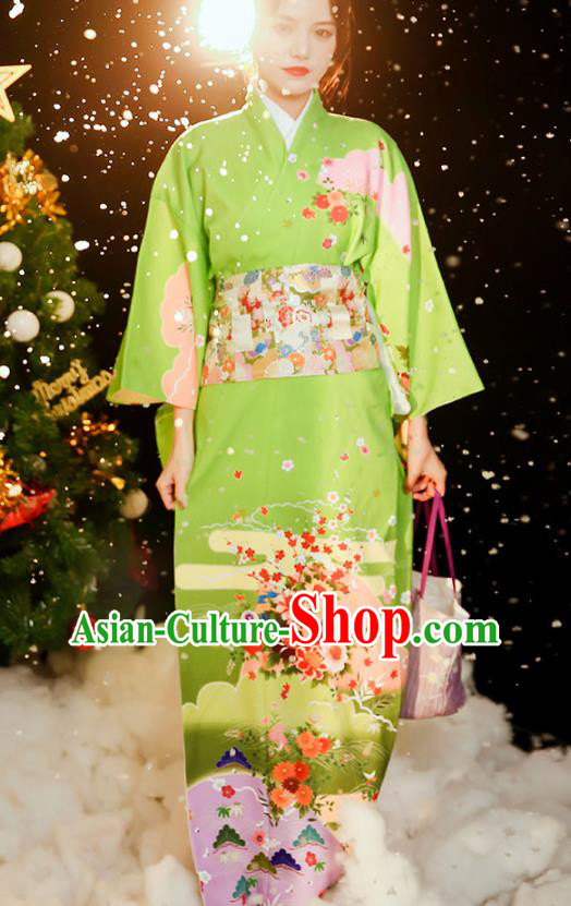 Asian Japan Printing Green Kimono Dress Japanese Traditional Young Woman Yukata Costume