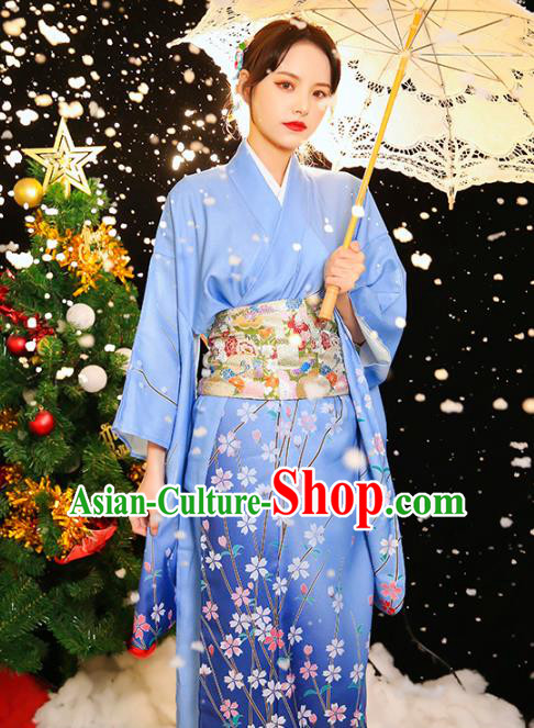 Japanese Traditional Young Woman Printing Plum Blossom Yukata Costume Asian Japan Blue Furisode Kimono Dress