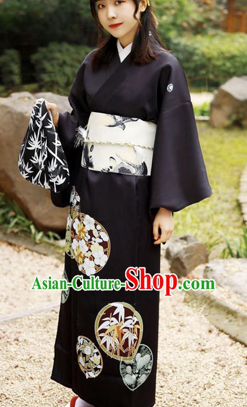 Asian Japan Printing Kurotomesode Kimono Costume Japanese Traditional Hanabi Taikai Young Lady Black Yukata Dress