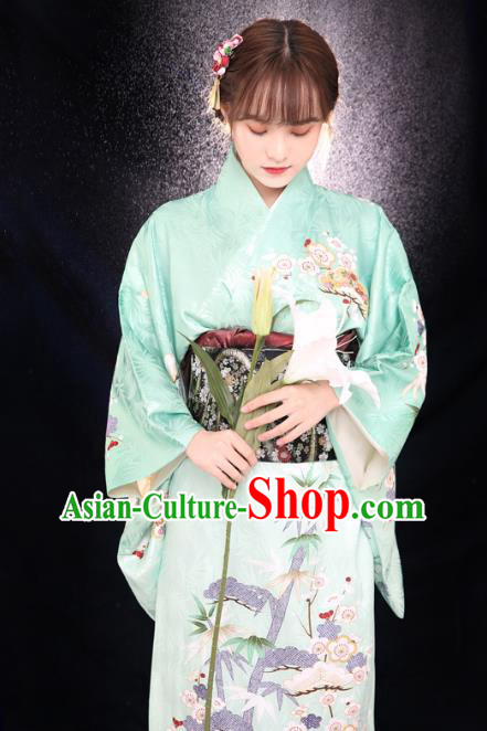 Asian Japan Light Green Tomesode Kimono Costume Japanese Traditional Young Lady Printing Plum Bamboo Yukata Dress