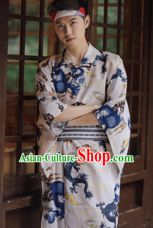 Japanese Cosplay Warrior Samurai Clothing Asian Japan Traditional Printing Dragon White Yukata