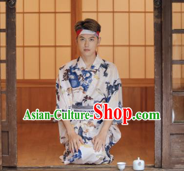 Japanese Cosplay Warrior Samurai Clothing Asian Japan Traditional Printing Dragon White Yukata