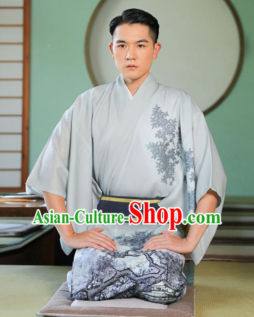 Asian Japan Traditional Printing Grey Yukata Robe Japanese Cosplay Samurai Clothing for Men