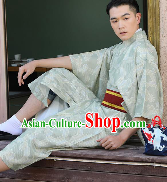 Japanese Male Clothing Asian Japan Traditional Printing Light Green Yukata Robe