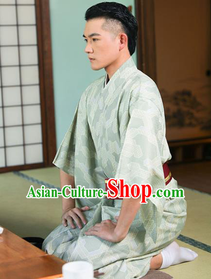 Japanese Male Clothing Asian Japan Traditional Printing Light Green Yukata Robe