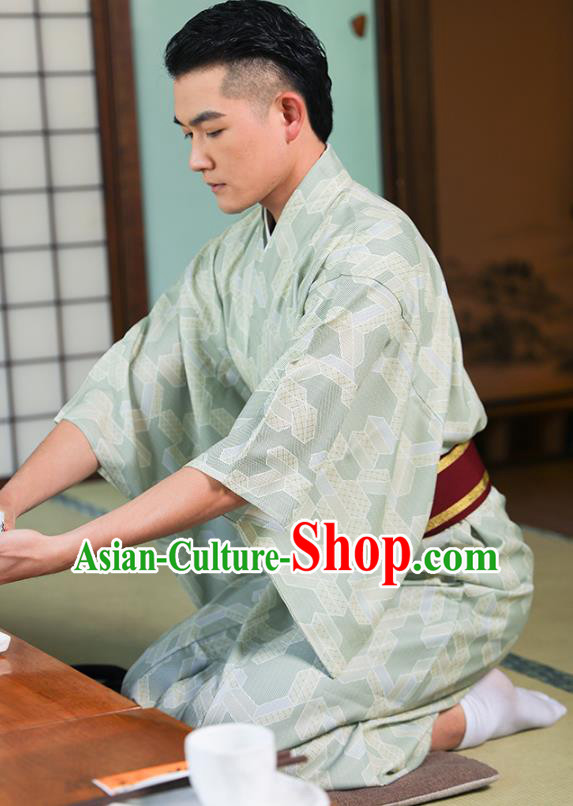 Japanese Male Clothing Asian Japan Traditional Printing Light Green Yukata Robe