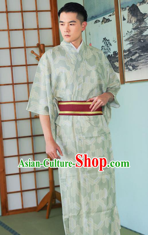 Japanese Male Clothing Asian Japan Traditional Printing Light Green Yukata Robe