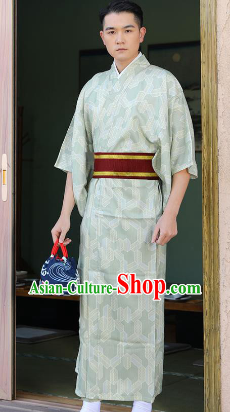 Japanese Male Clothing Asian Japan Traditional Printing Light Green Yukata Robe