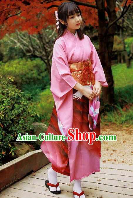 Asian Japan Pink Furisode Kimono Costume Japanese Traditional Summer Festival Printing Crane Yukata Dress