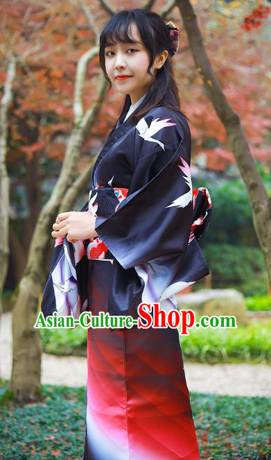 Asian Japan Woman Kurotomesode Kimono Costume Japanese Traditional Printing Crane Black Yukata Dress