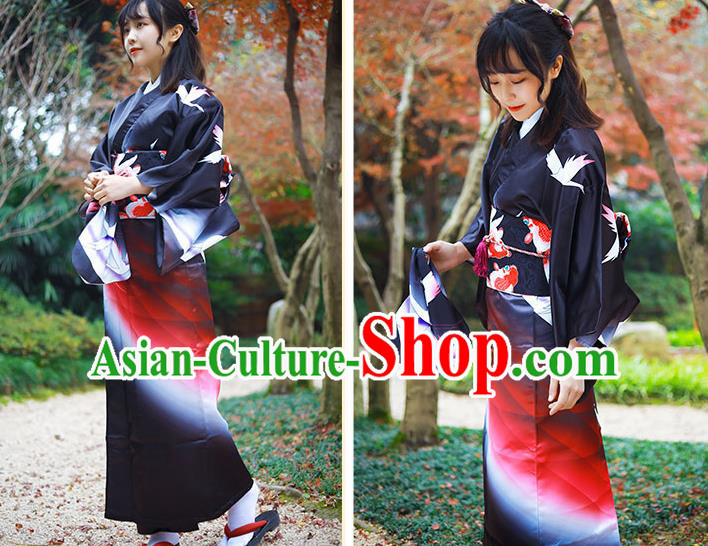 Asian Japan Woman Kurotomesode Kimono Costume Japanese Traditional Printing Crane Black Yukata Dress