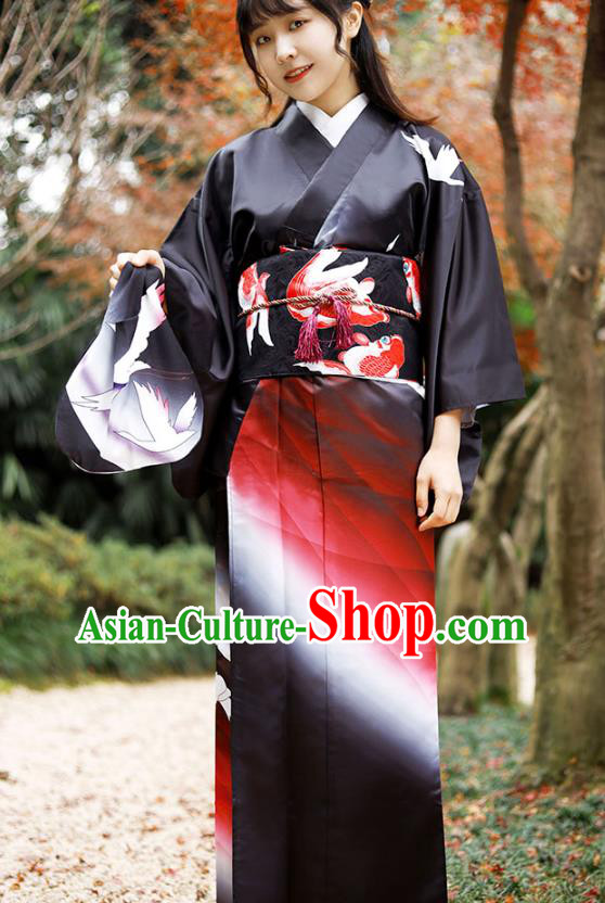 Asian Japan Woman Kurotomesode Kimono Costume Japanese Traditional Printing Crane Black Yukata Dress