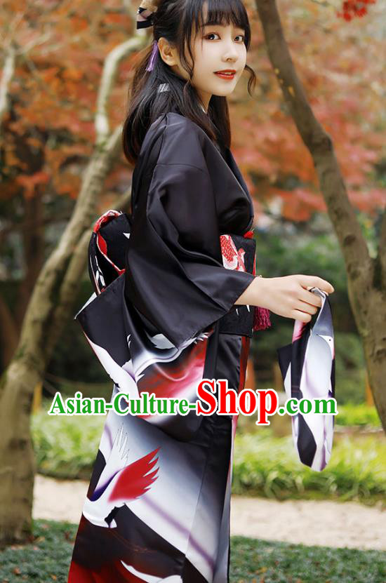 Asian Japan Woman Kurotomesode Kimono Costume Japanese Traditional Printing Crane Black Yukata Dress