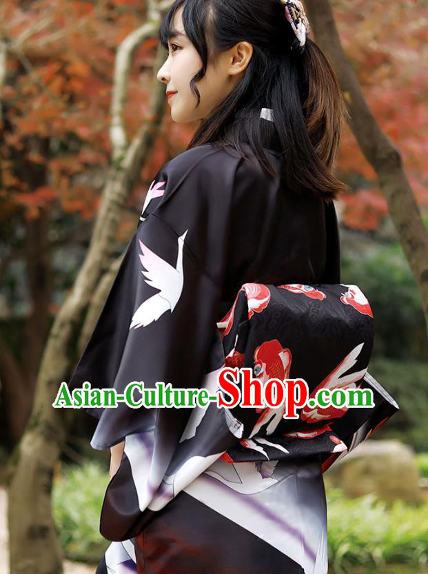 Asian Japan Woman Kurotomesode Kimono Costume Japanese Traditional Printing Crane Black Yukata Dress