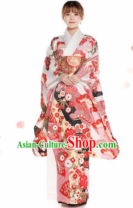 Asian Japan Printing Peony Furisode Kimono Costume Japanese Traditional Wedding Bride Yukata Dress