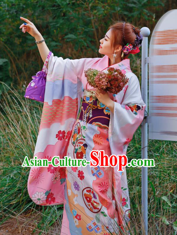 Asian Japan Wedding Bride Furisode Kimono Costume Japanese Traditional Printing Peony Chrysanthemum Pink Yukata Dress