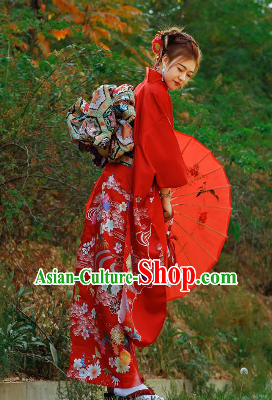 Asian Japan Bride Furisode Kimono Costume Japanese Traditional Wedding Printing Chrysanthemum Red Yukata Dress
