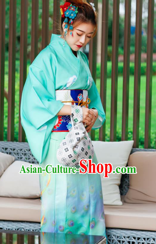 Asian Japan Printing Peacock Kimono Costume Japanese Traditional Wedding Bride Green Yukata Dress