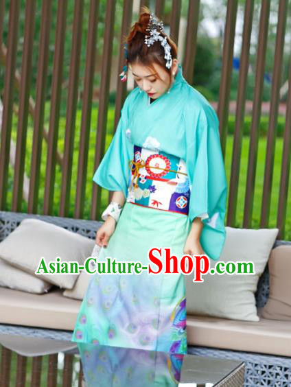 Asian Japan Printing Peacock Kimono Costume Japanese Traditional Wedding Bride Green Yukata Dress