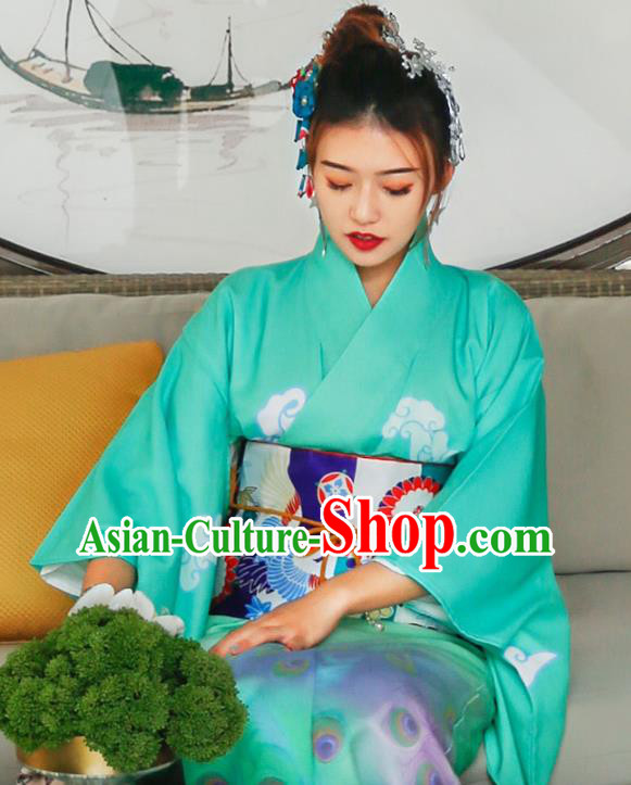 Asian Japan Printing Peacock Kimono Costume Japanese Traditional Wedding Bride Green Yukata Dress