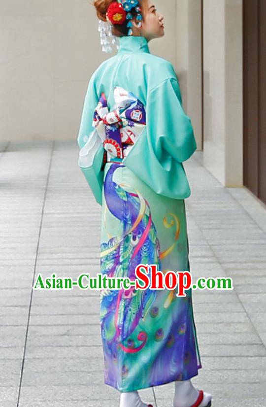 Asian Japan Printing Peacock Kimono Costume Japanese Traditional Wedding Bride Green Yukata Dress
