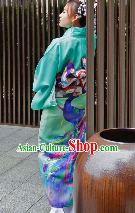 Asian Japan Printing Peacock Kimono Costume Japanese Traditional Wedding Bride Green Yukata Dress