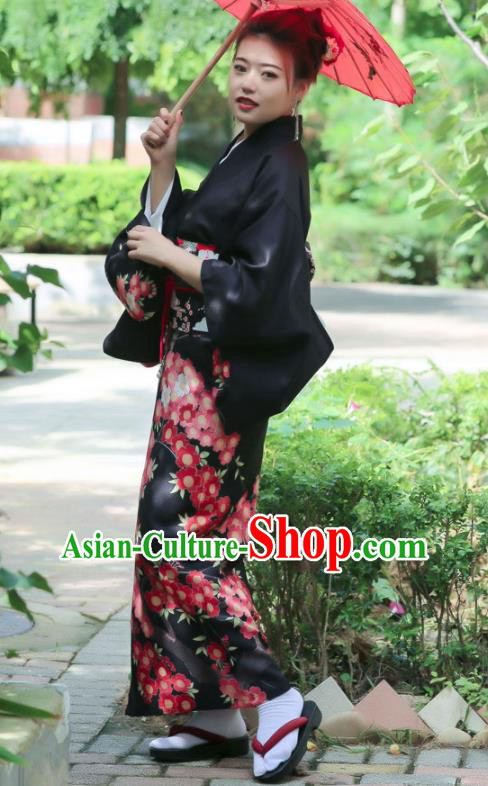 Asian Japan Printing Plum Blossom Kimono Costume Japanese Traditional Middle Age Woman Black Yukata Dress