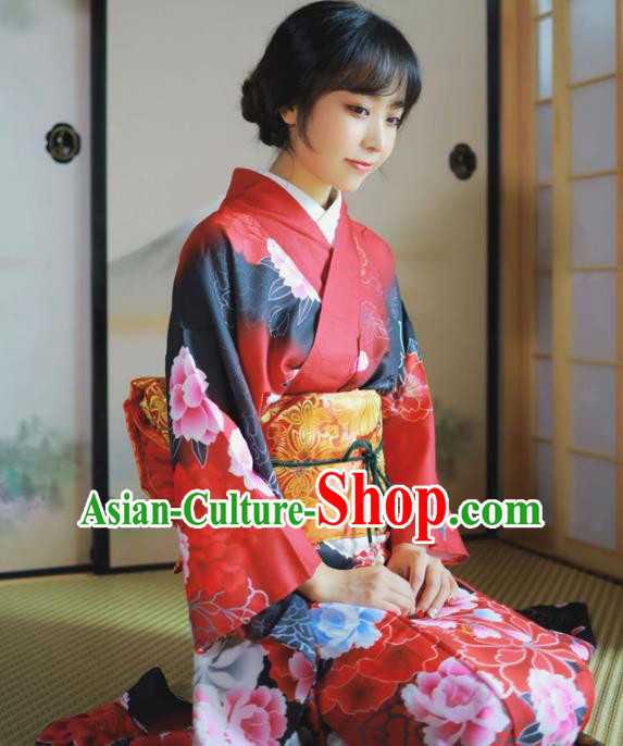 Asian Japan Geisha Red Furisode Kimono Costume Japanese Traditional Wedding Young Woman Printing Yukata Dress
